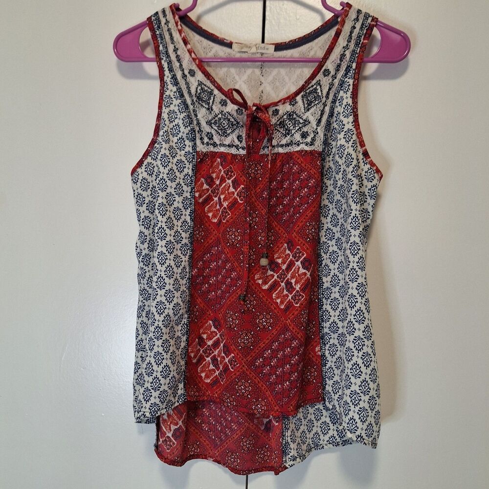Rewind Red, White, & Blue Boho Blouse with Embroidery and Crochet Detail Medium